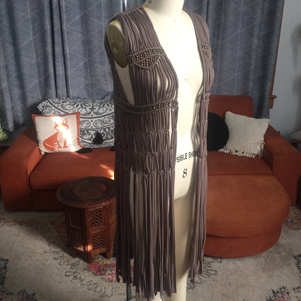 NWOT Macrame and beaded long draped fringe vest